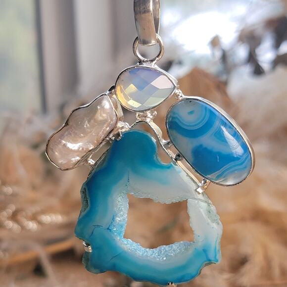 Enchanting Blue Agate Pendant, Sterling Silver Necklace With Opalite & Pearl - Picture 1 of 10